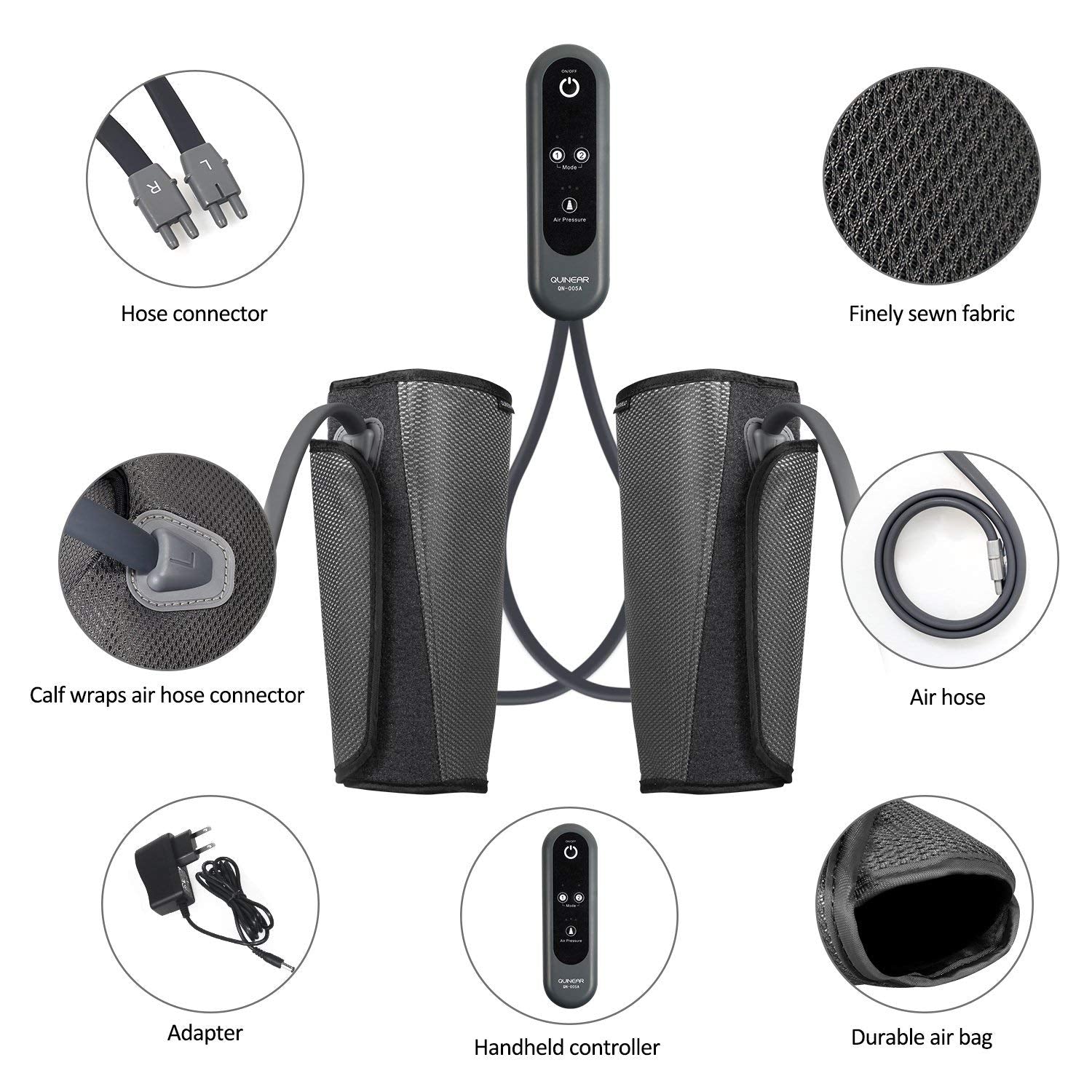 QUINEAR leg massager showing two modes for customizable relief.