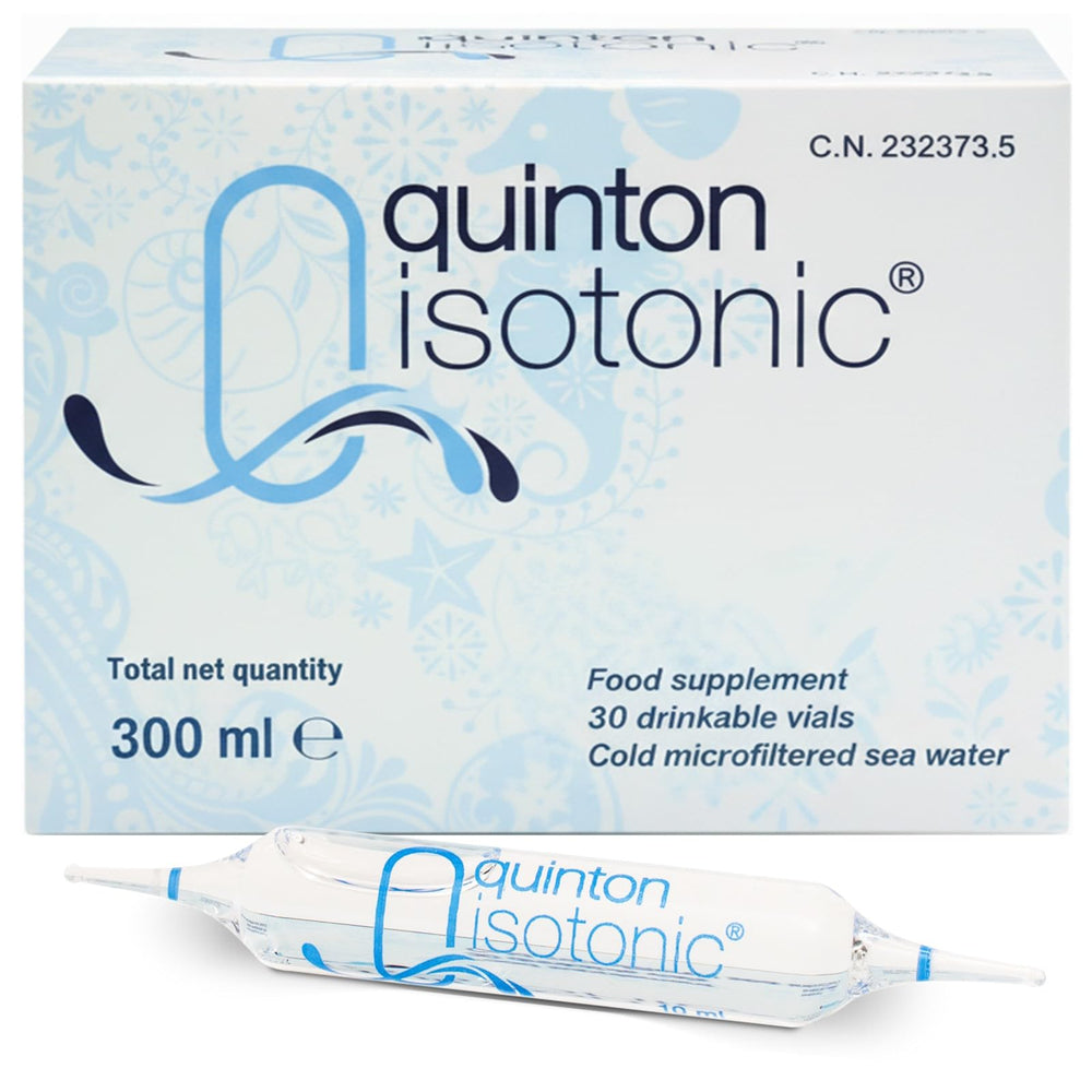 Quinton isotonic ampoules 30-vial pack, shown as a pack shot, supports daily hydration and ionic balance.