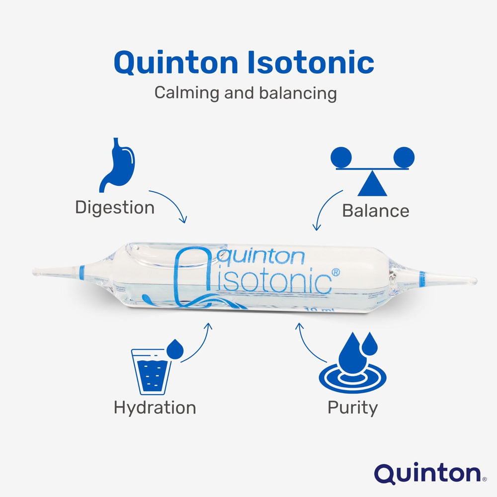 Quinton isotonic ampoules closeup shows water-based composition rich in minerals.