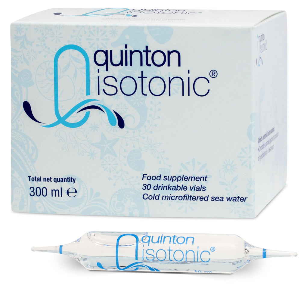 Quinton isotonic ampoules pour image emphasizes convenient dosing for hydration and balance.