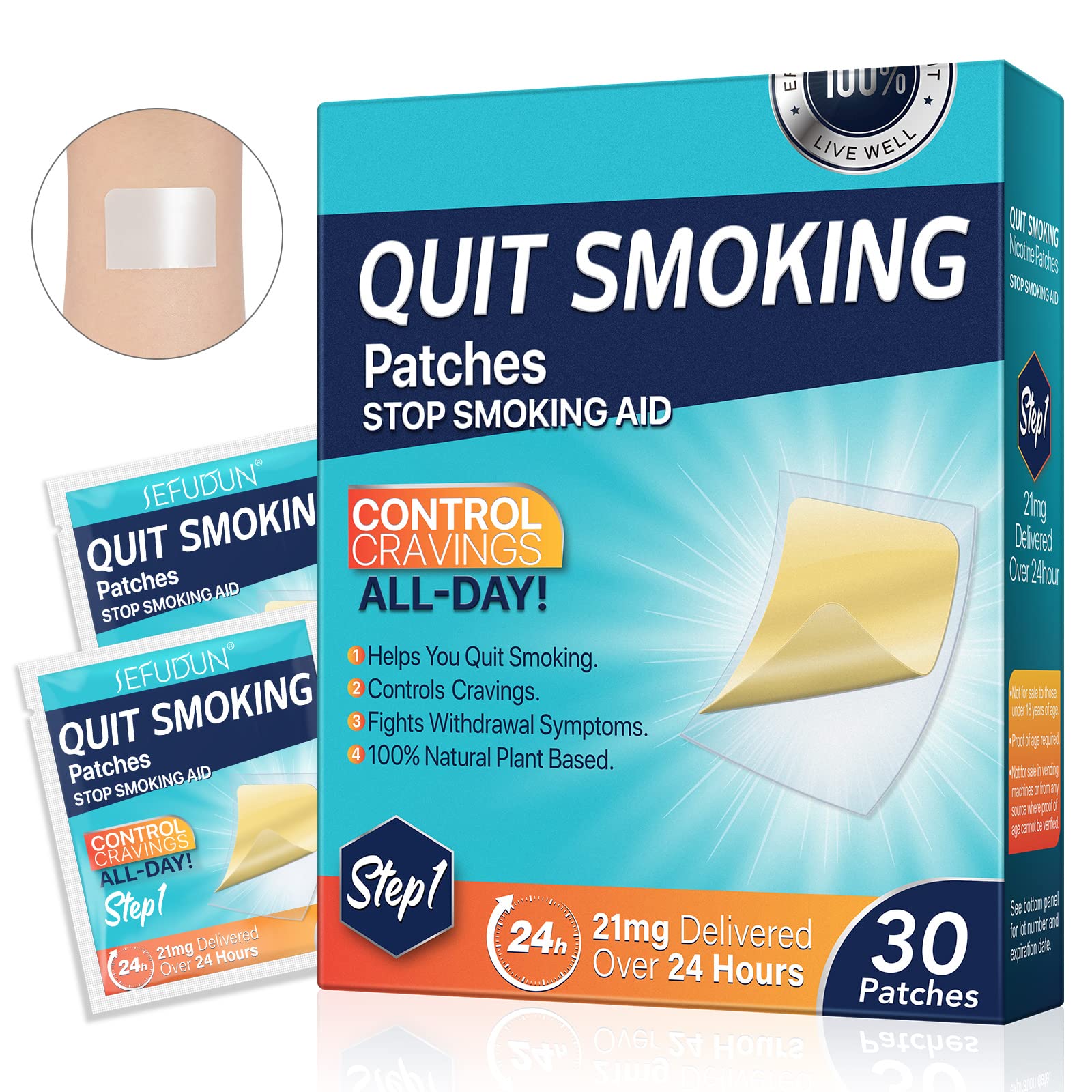 Quit Smoking Patches pack front shows a 30-count carton for daily support