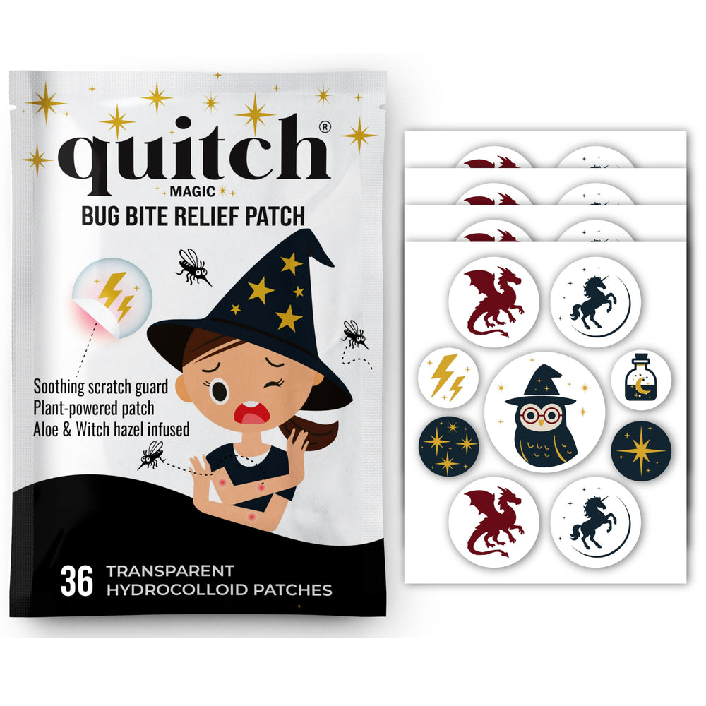 Quitch mosquito bite relief patches on skin offer quick, gentle itch relief.
