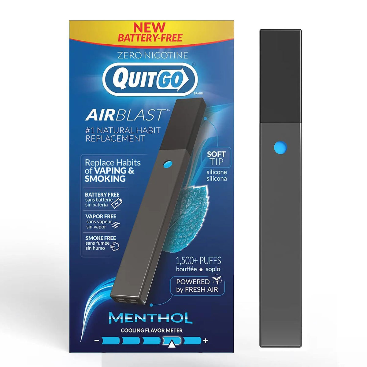 QuitGo AirBlast portable device in pocket providing on-the-go breath-powered support
