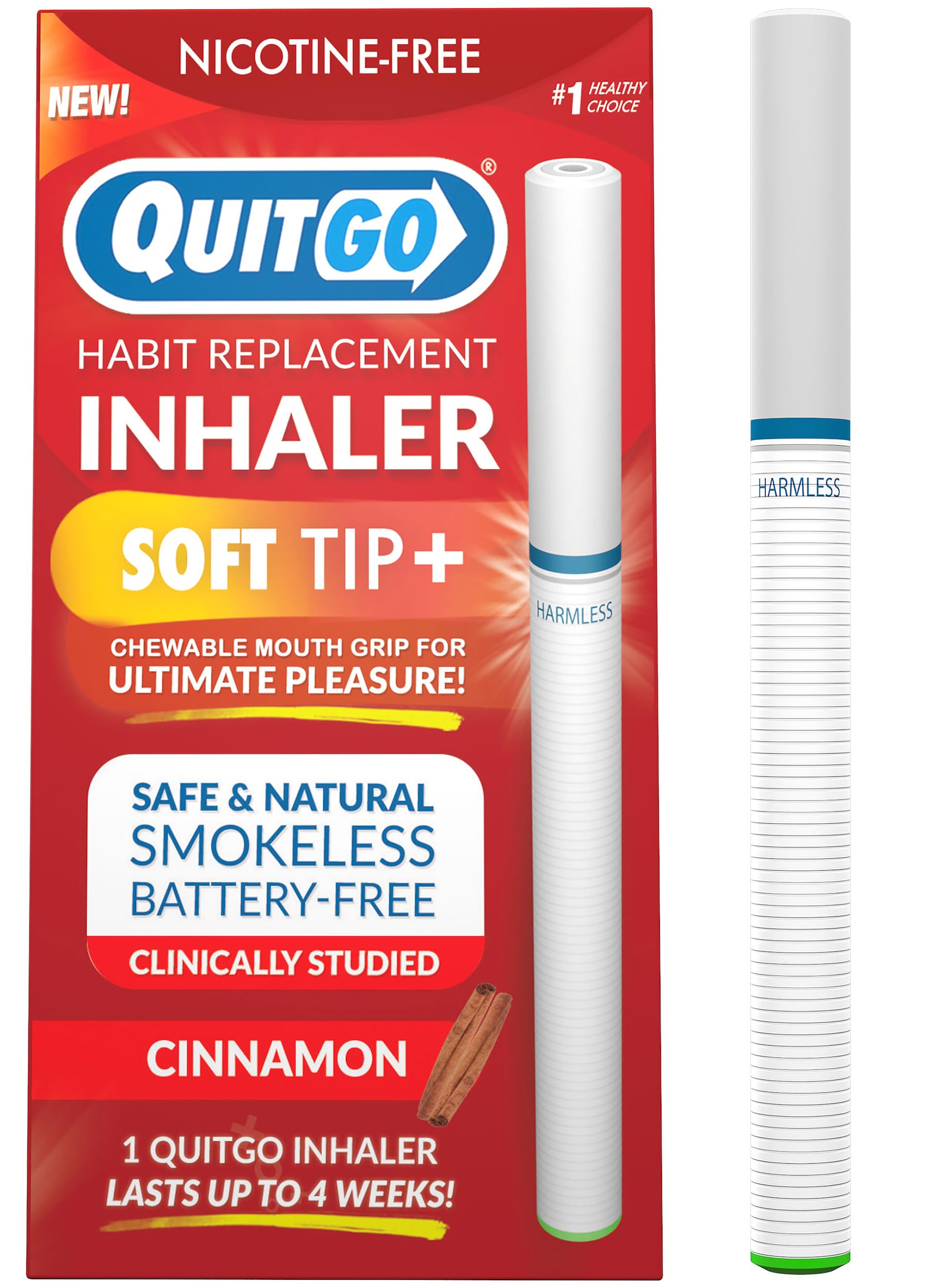 QuitGo inhaler with soft-tip mouth grip offers discreet craving control.