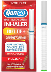 QuitGo inhaler with soft-tip mouth grip offers discreet craving control.