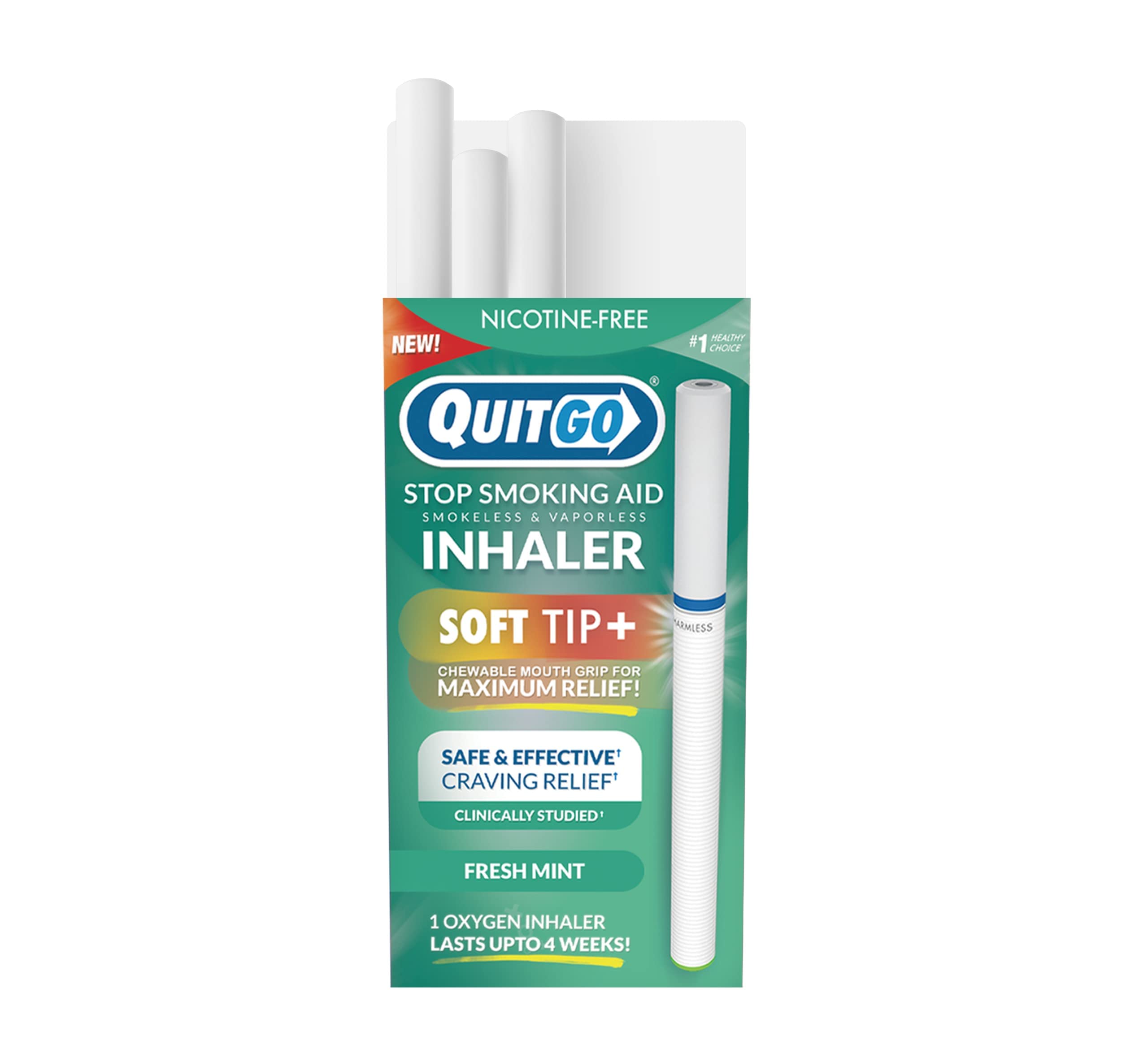 QuitGo inhaler close-up highlighting mint detail for a refreshing cue.