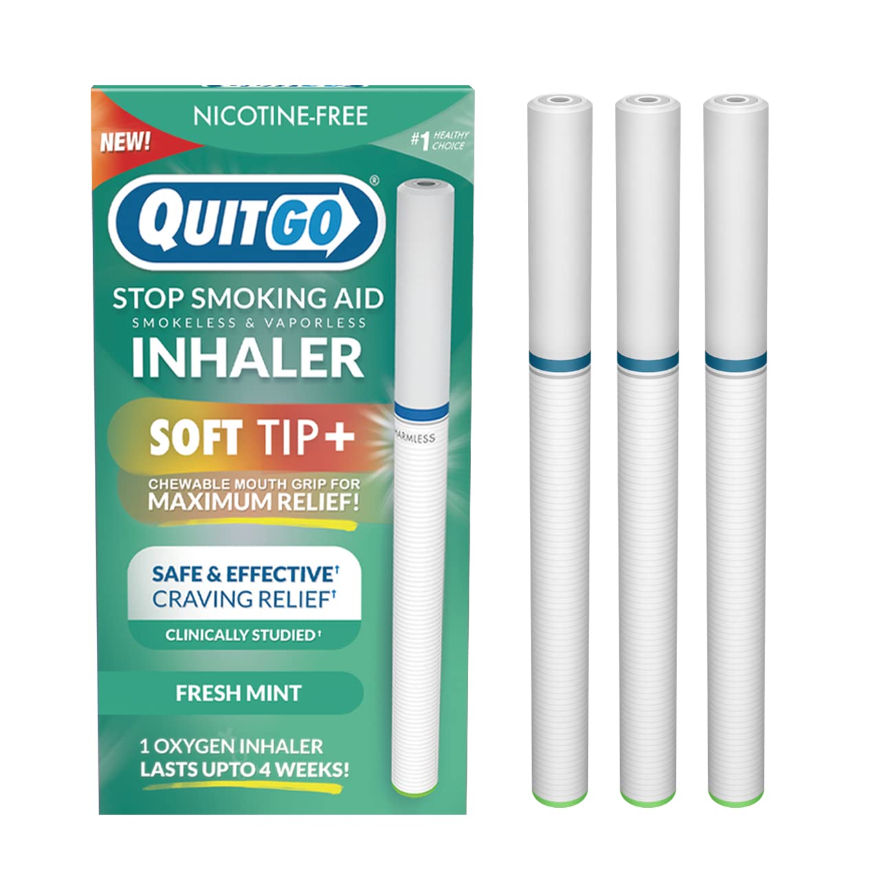 In-use QuitGo inhaler delivering nicotine-free support during cravings.
