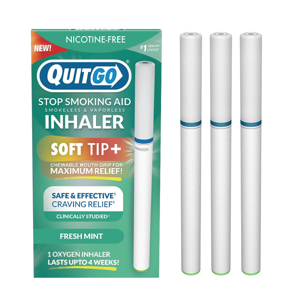 In-use QuitGo inhaler delivering nicotine-free support during cravings.