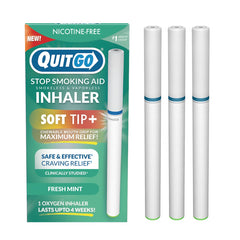In-use QuitGo inhaler delivering nicotine-free support during cravings.