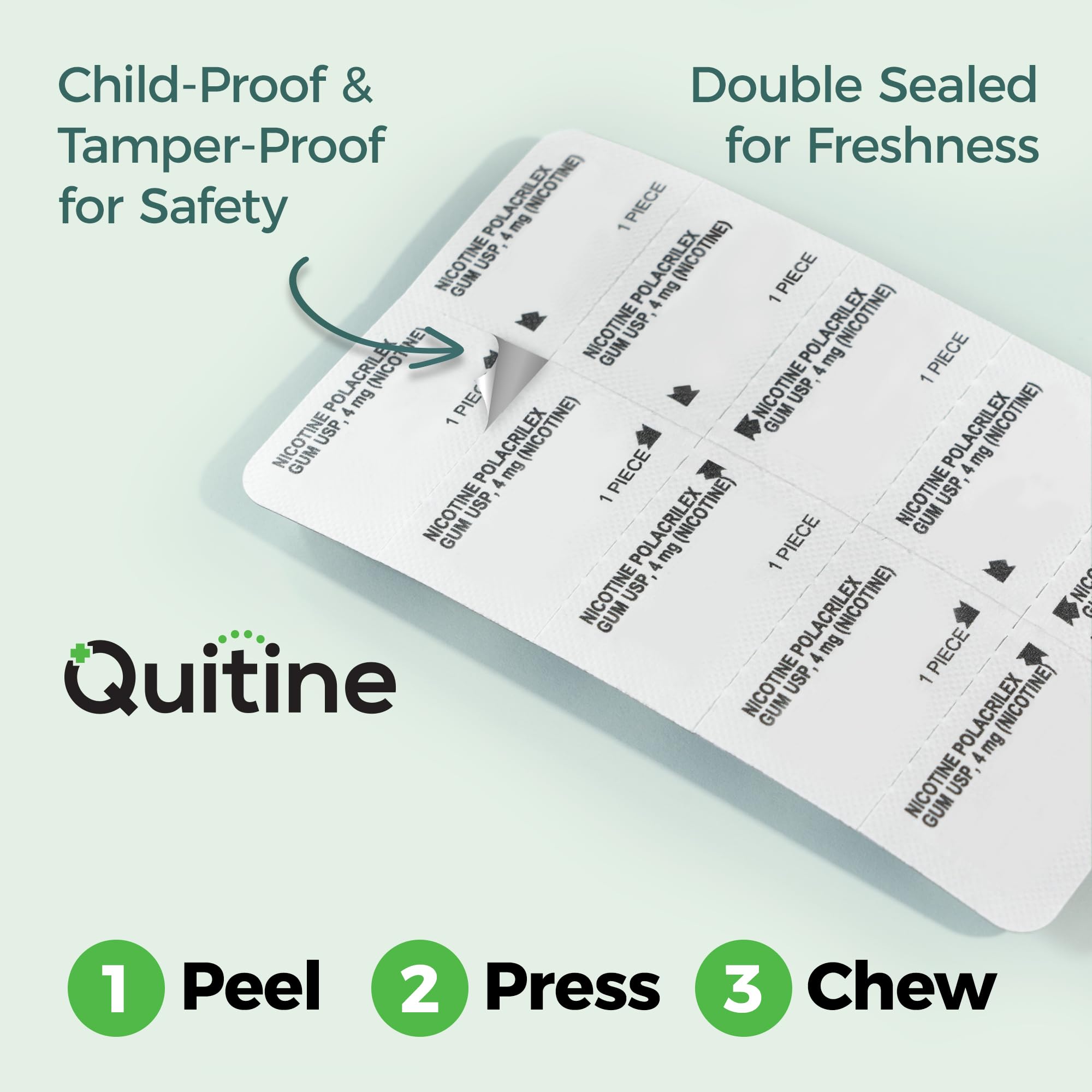 Quitine gum foil pouch demonstrates portable, discreet packaging for cravings.