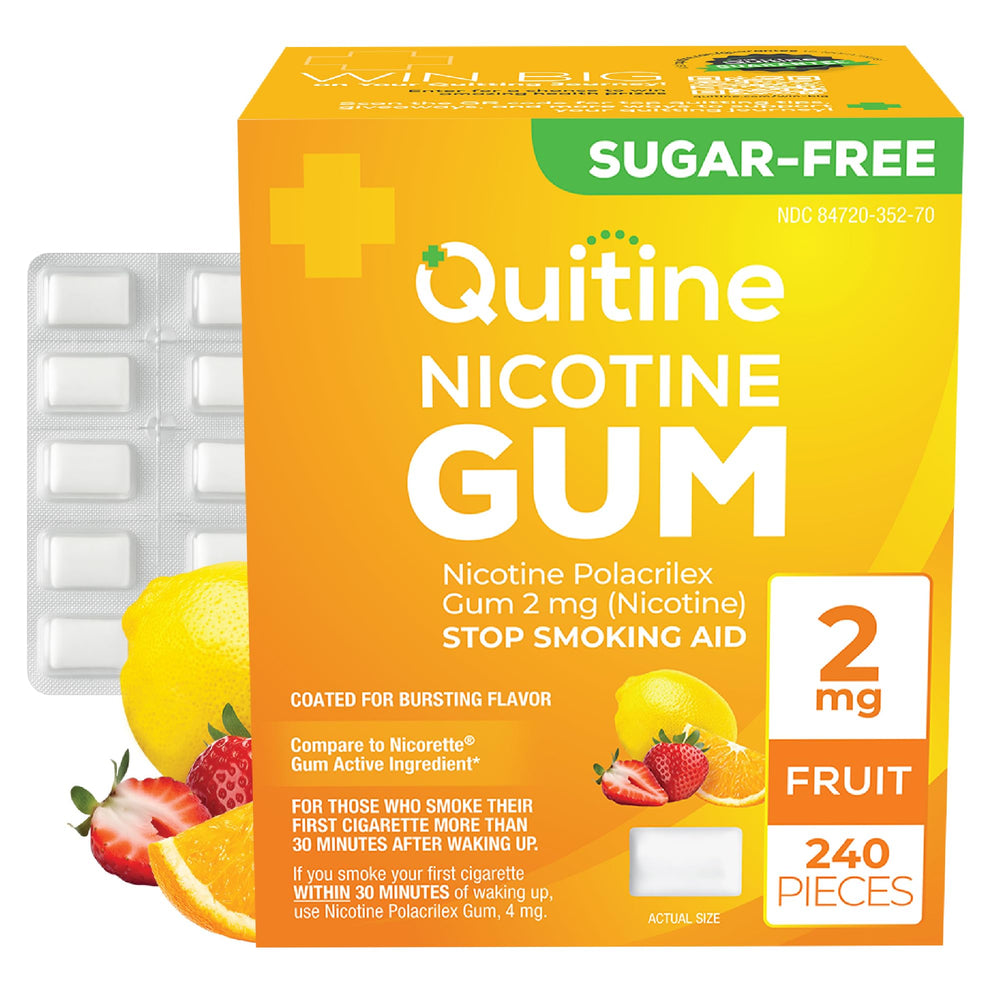 Quitine Nicotine Gum 2mg Fruit Flavor packaging for easy, portable craving relief.