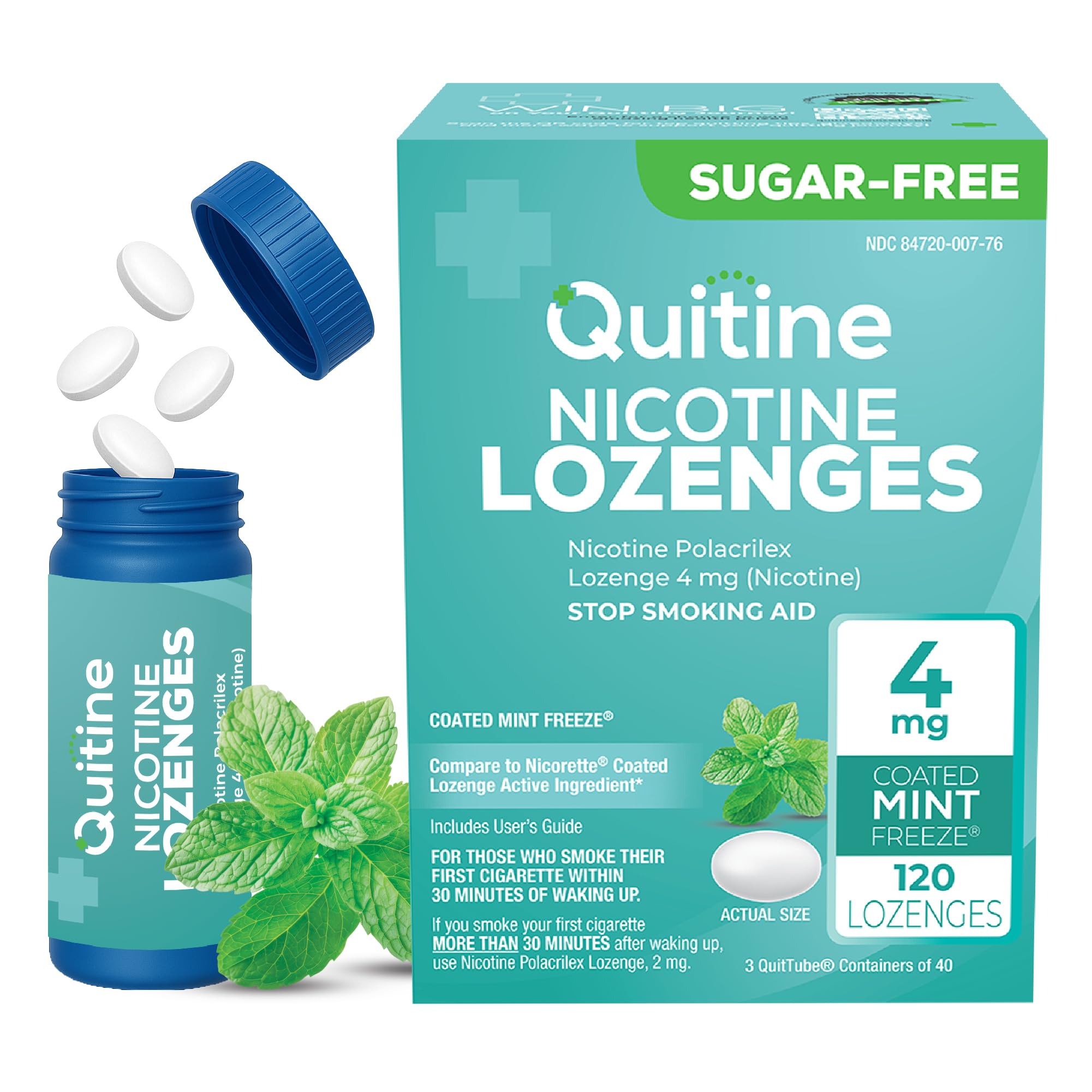 Quitine mint lozenges packaging highlights value and portability for quitting.