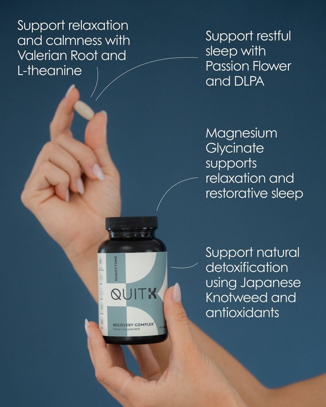 QuitK Recovery bottle and label stand for a convenient daily ritual.