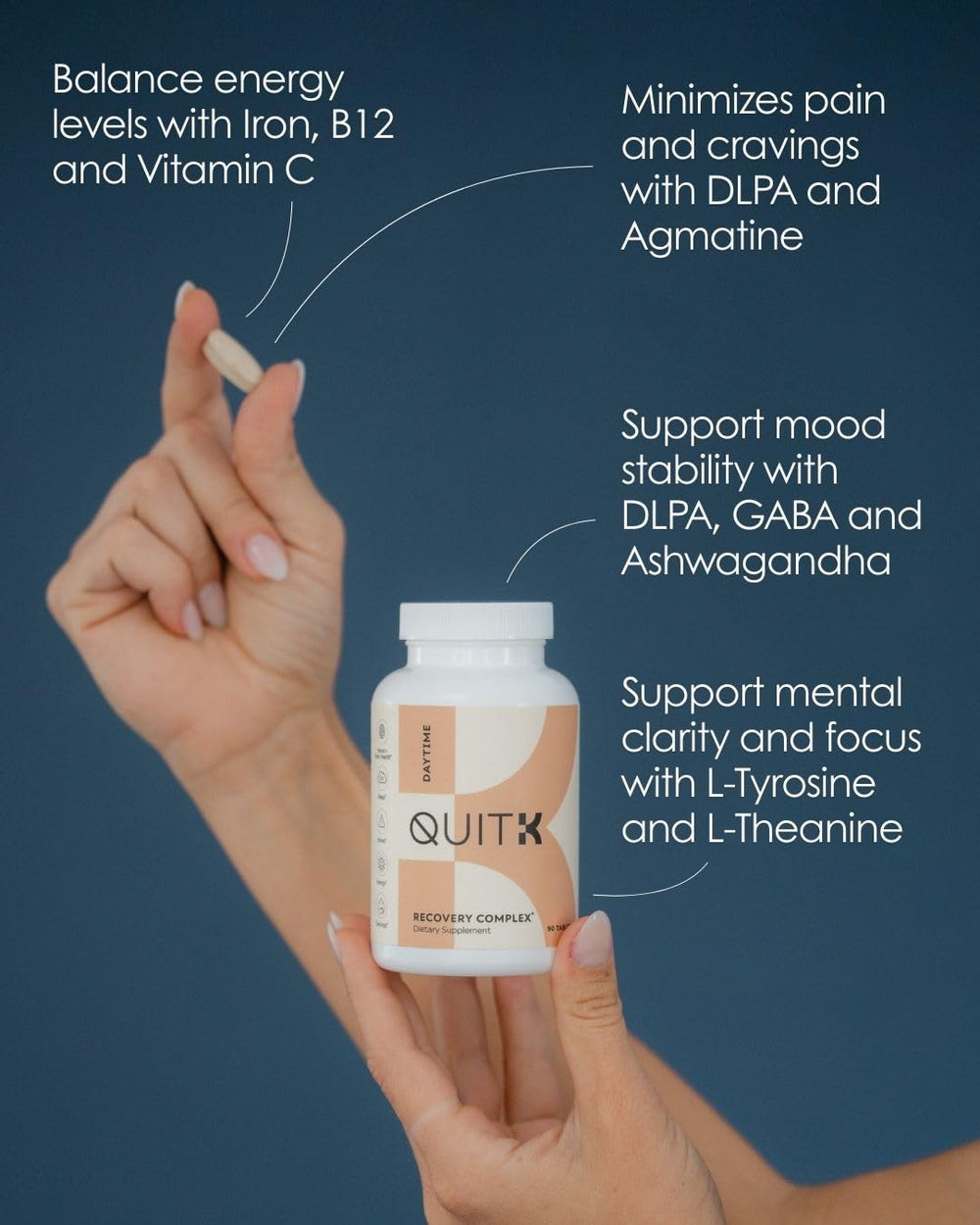 QuitK Recovery nighttime ingredients highlight relaxation and restful sleep support.