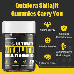 Quixiora Shilajit Gummies packaging highlights Himalayan origin and purity.