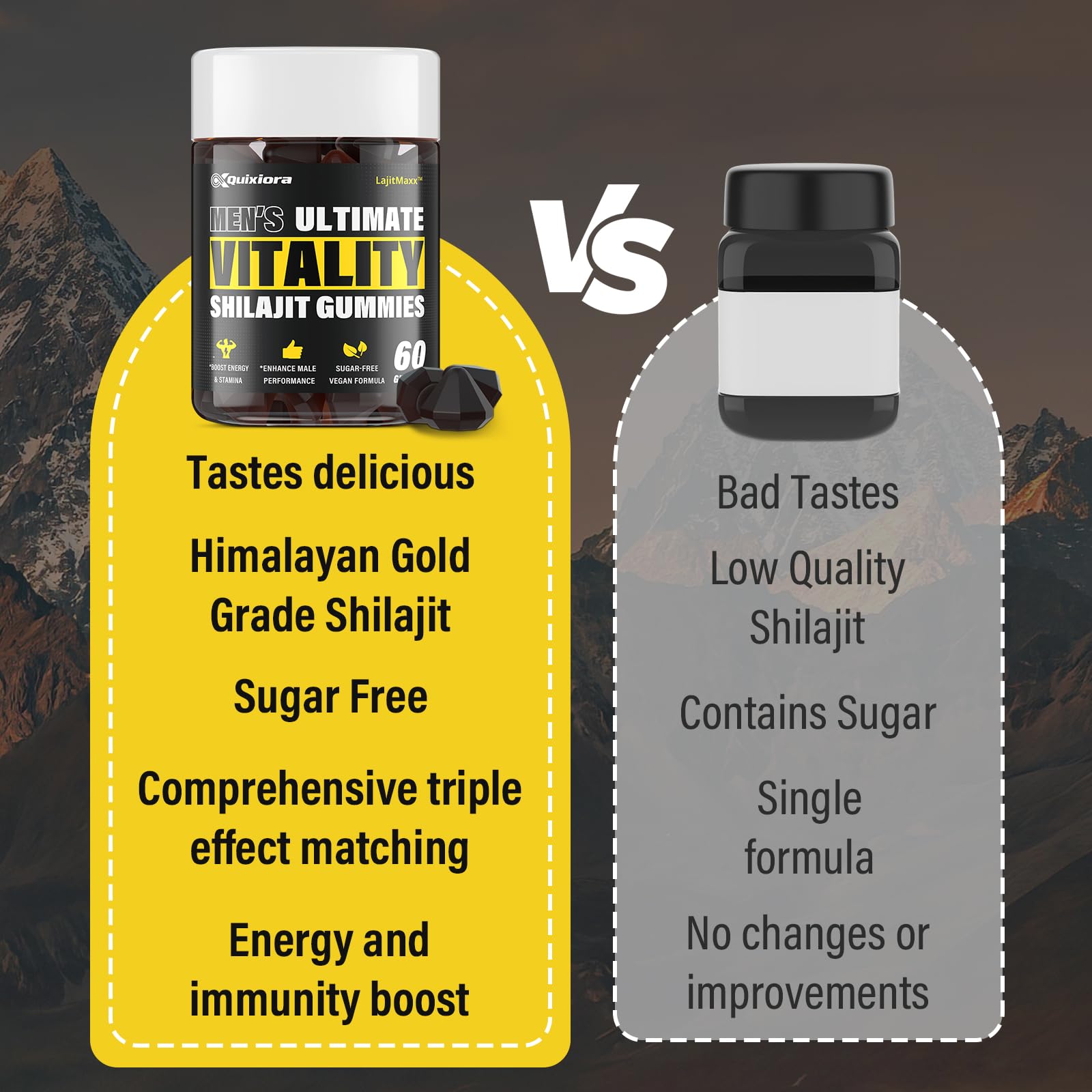 Quixiora Shilajit Gummies texture close-up shows smooth coating and masking tartness.