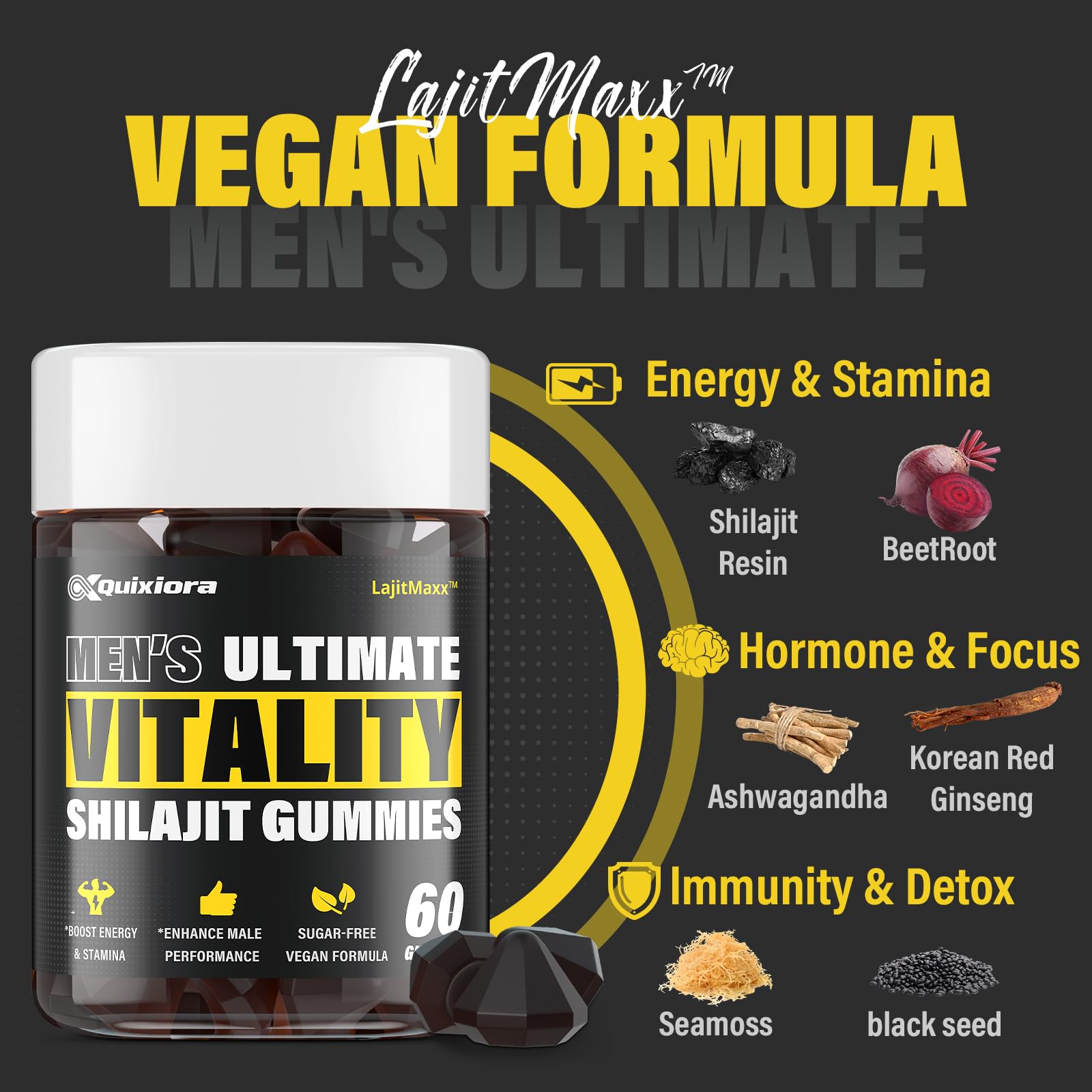 Quixiora Shilajit origin is depicted with Himalayas and 18,000 feet sourcing.