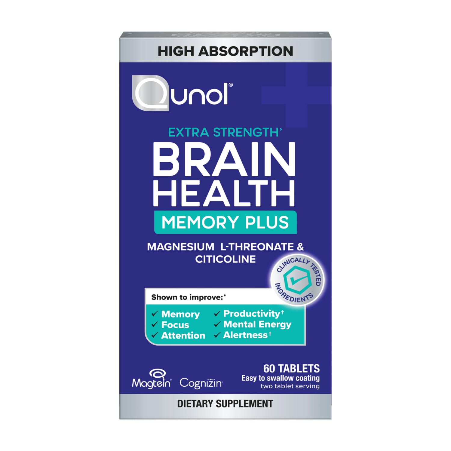 Qunol Brain Health Memory Plus bottle front with easy-to-swallow capsules for daily focus.