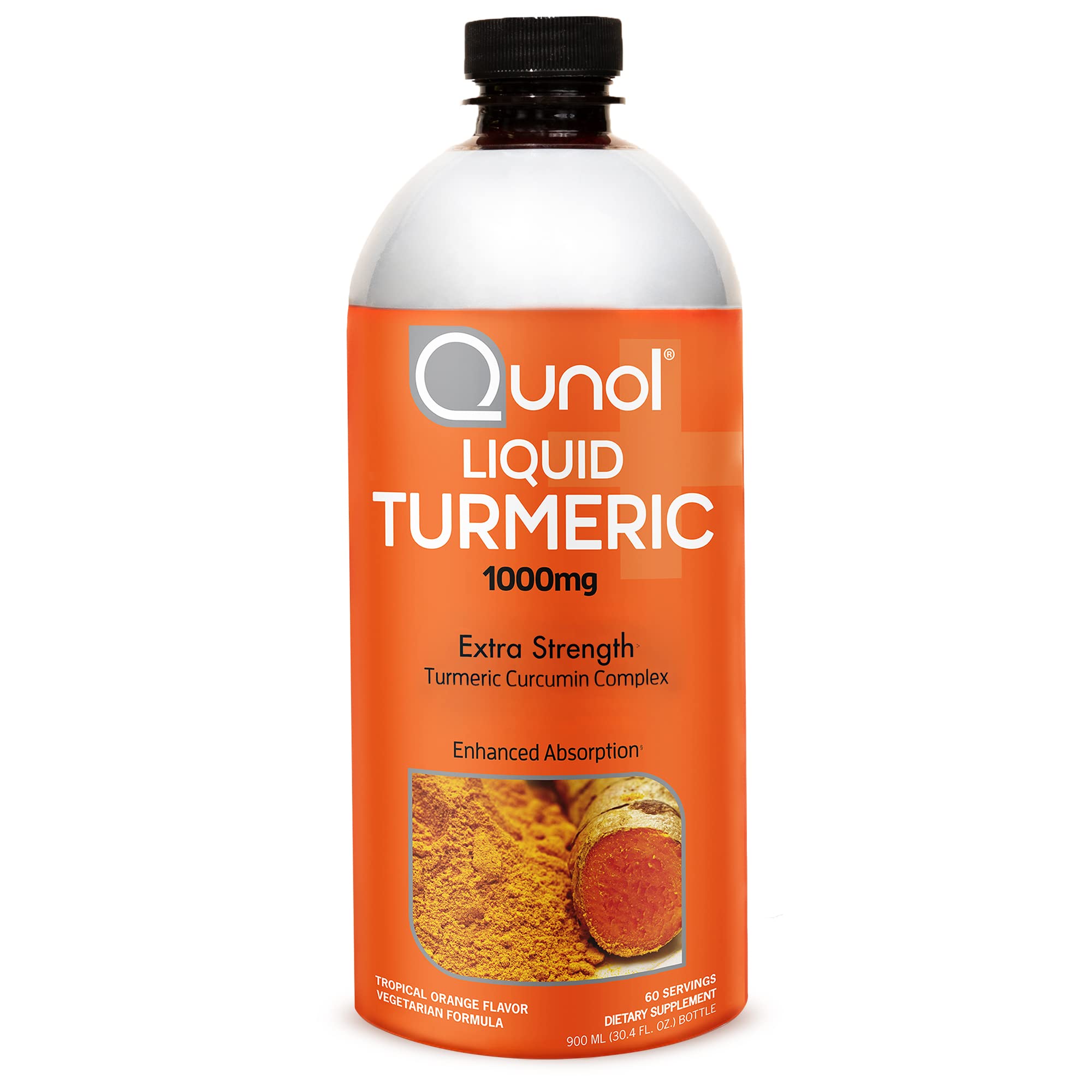 Qunol Liquid Turmeric Curcumin bottle pour showing enhanced absorption with black pepper