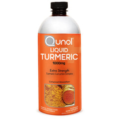 Qunol Liquid Turmeric Curcumin bottle pour showing enhanced absorption with black pepper