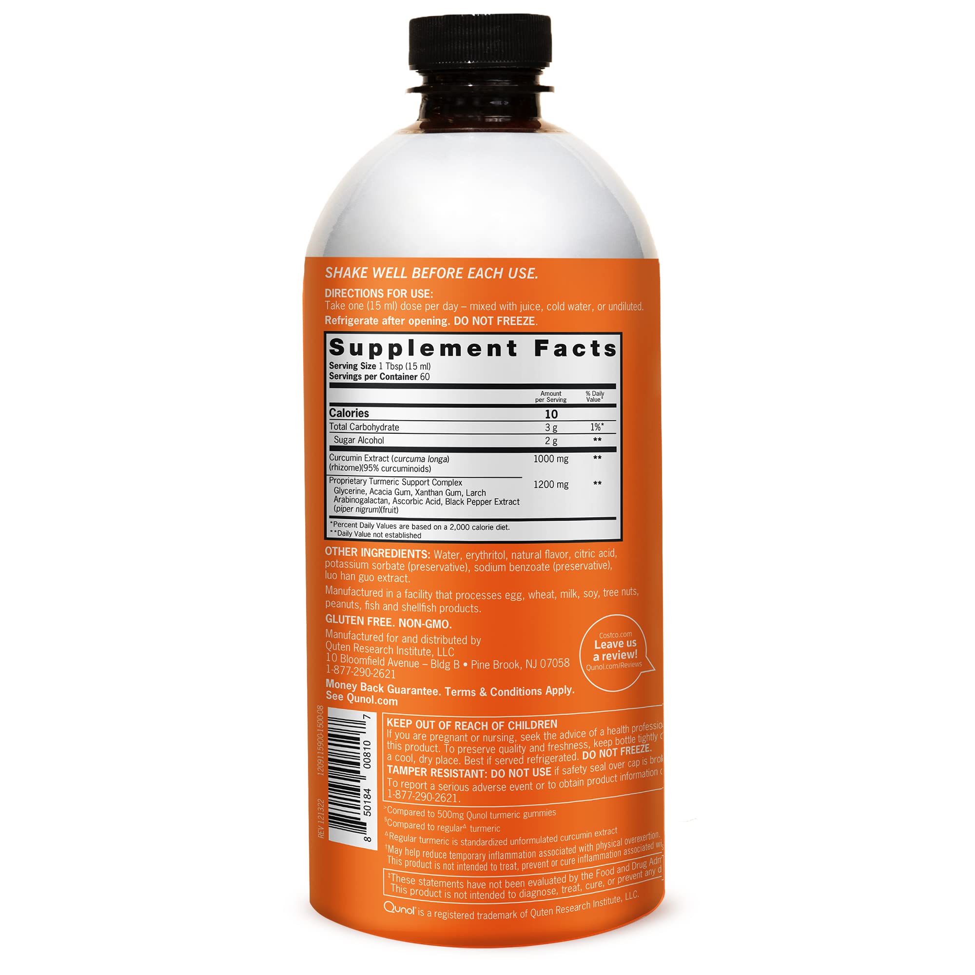 Qunol Liquid Turmeric Curcumin bottle label highlights 1000mg formula for daily joint comfort