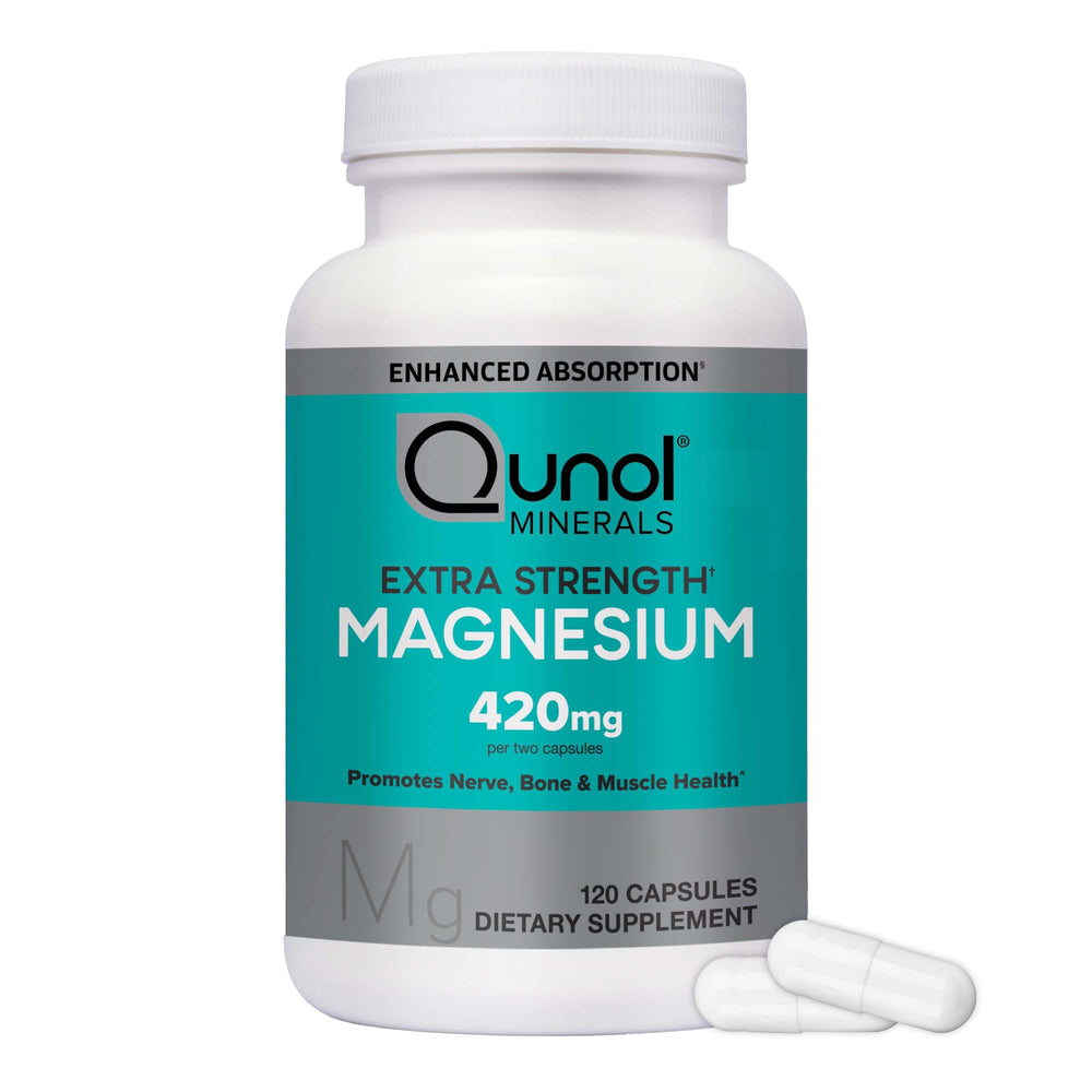 Qunol Magnesium Capsules bottle front view shows a high-absorption formula.