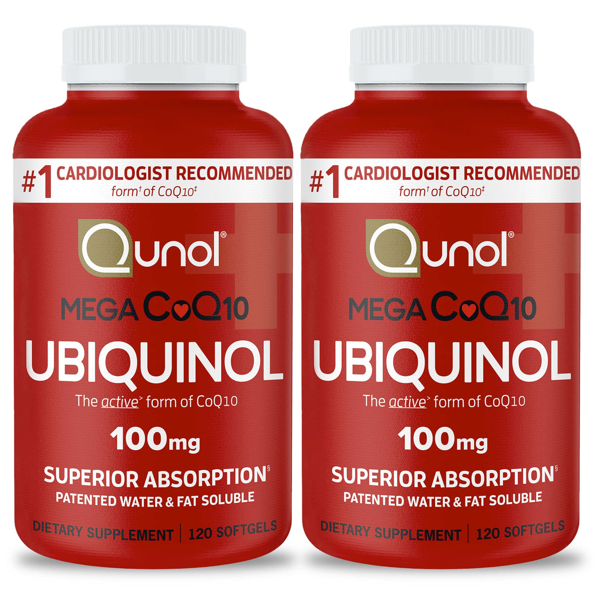 Qunol Mega Ubiquinol CoQ10 bottle highlighting superior absorption for daily energy support.
