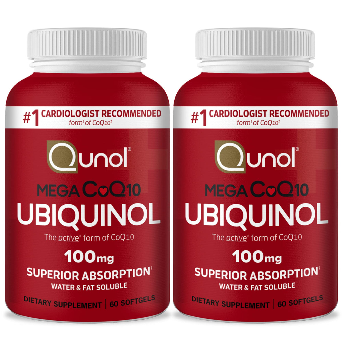 Qunol Mega Ubiquinol CoQ10 bottle with label emphasizes fast absorption.