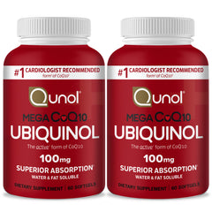 Qunol Mega Ubiquinol CoQ10 bottle with label emphasizes fast absorption.