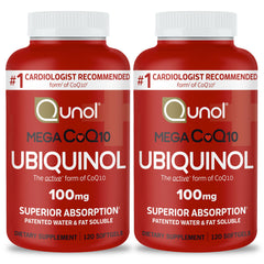 Qunol Mega Ubiquinol CoQ10 bottle highlighting superior absorption for daily energy support.