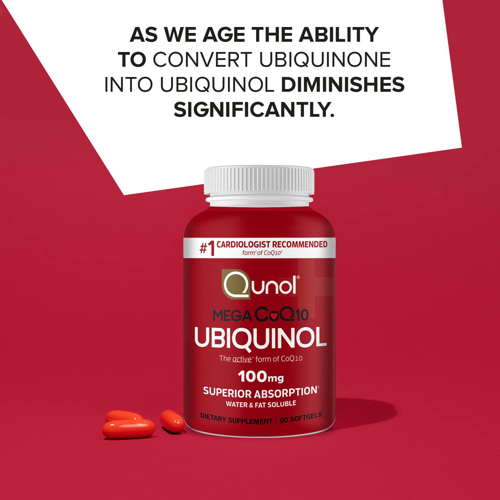 Close-up of Qunol Mega Ubiquinol CoQ10 capsules suggests convenient daily energy support.