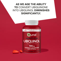 Close-up of Qunol Mega Ubiquinol CoQ10 capsules suggests convenient daily energy support.