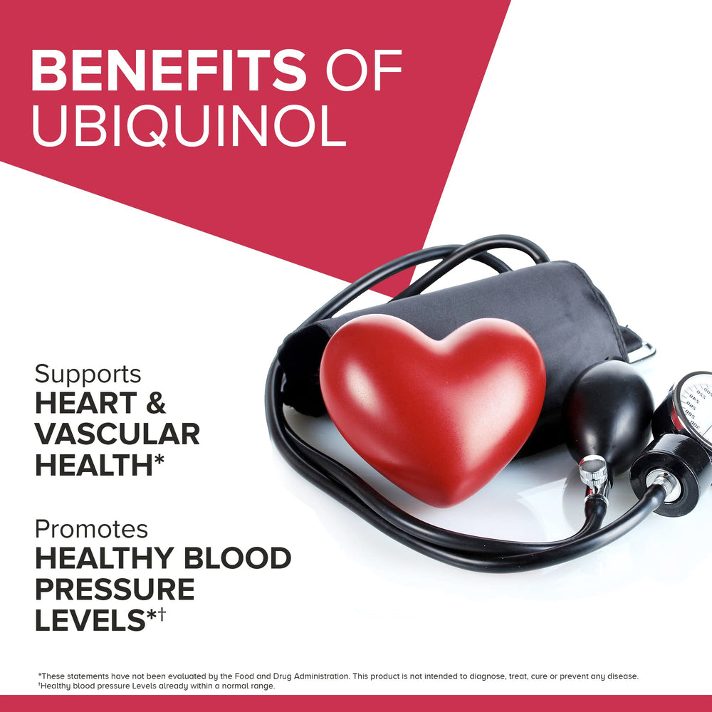 Qunol Mega Ubiquinol CoQ10 label highlights 100 mg potency and water-fat solubility.
