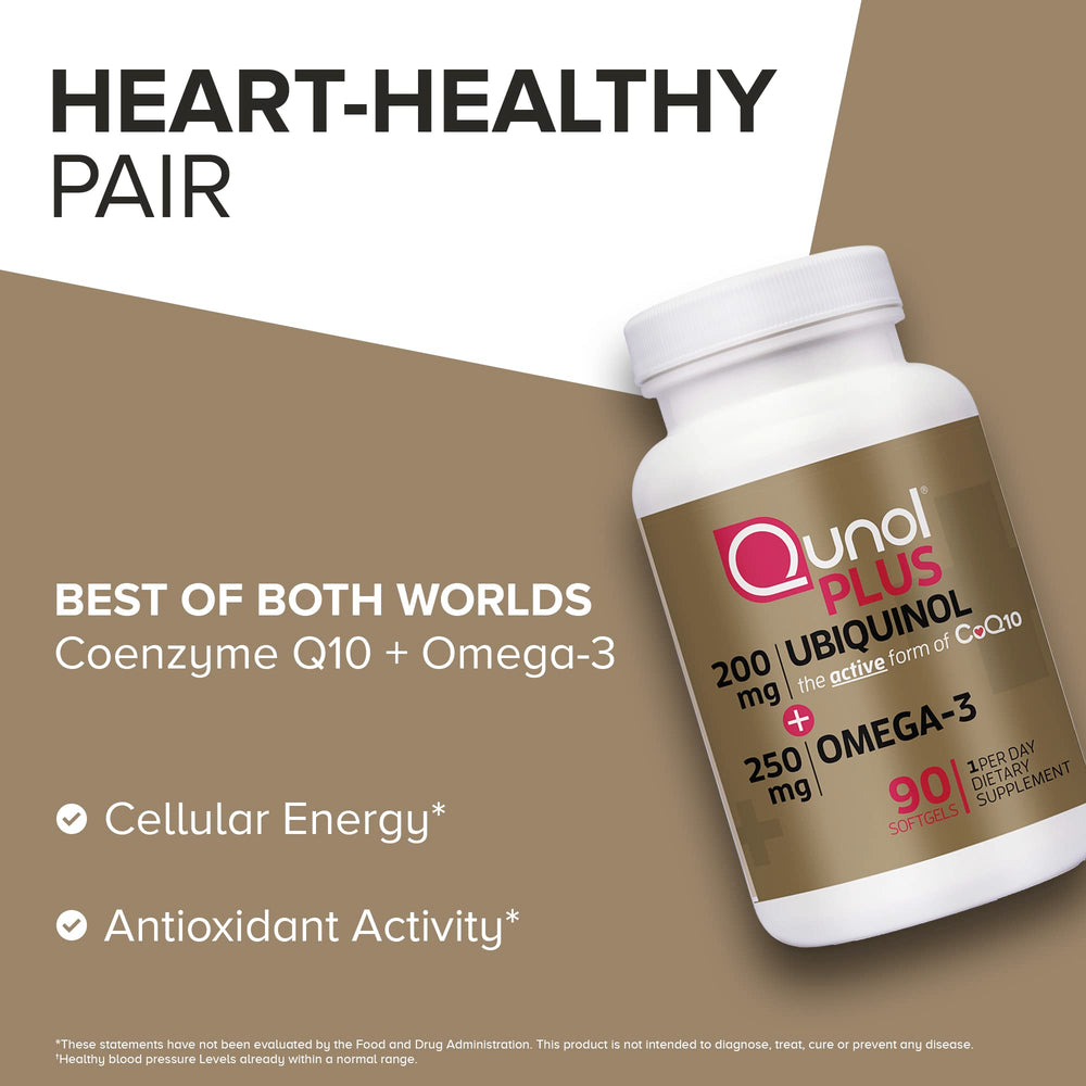 Qunol Plus omega-3 content visual highlights essential fatty acids.