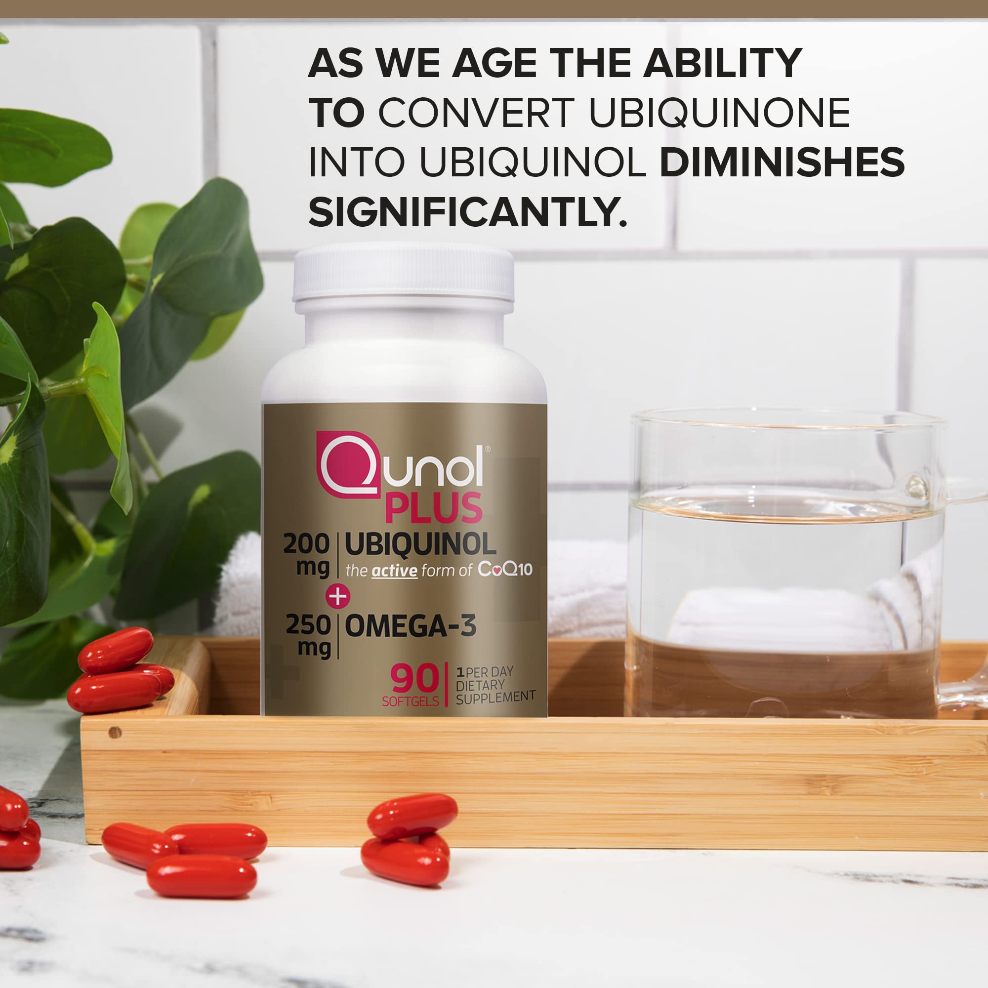 Qunol Plus omega-3 softgels pack emphasizing essential fatty acids for daily wellness.