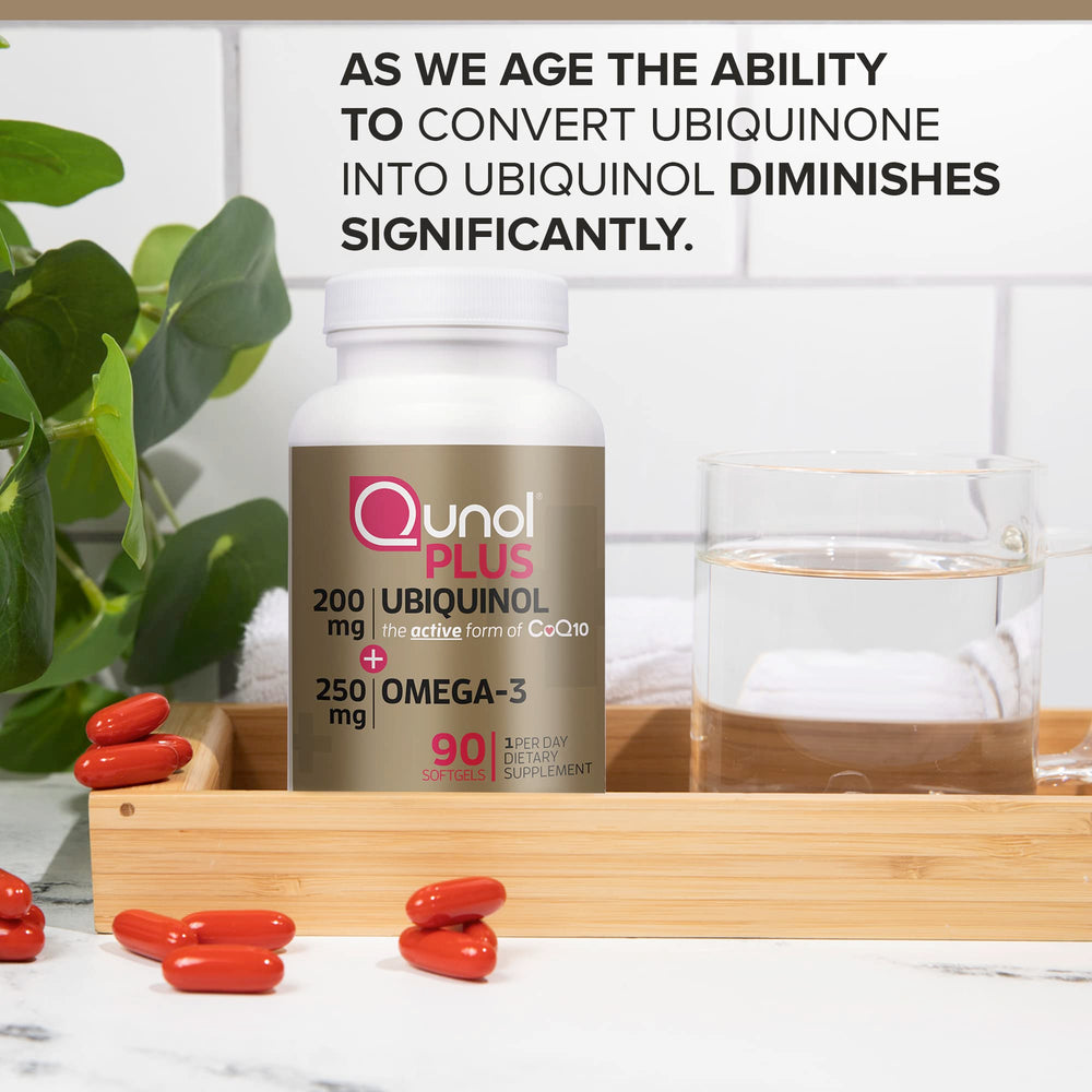 Qunol Plus omega-3 softgels pack emphasizing essential fatty acids for daily wellness.