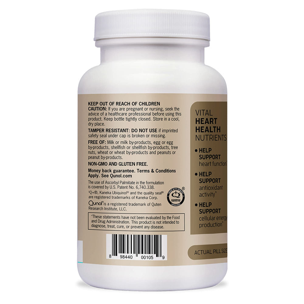 Qunol Plus softgel capsules illustration focuses on ubiquinol energy production.