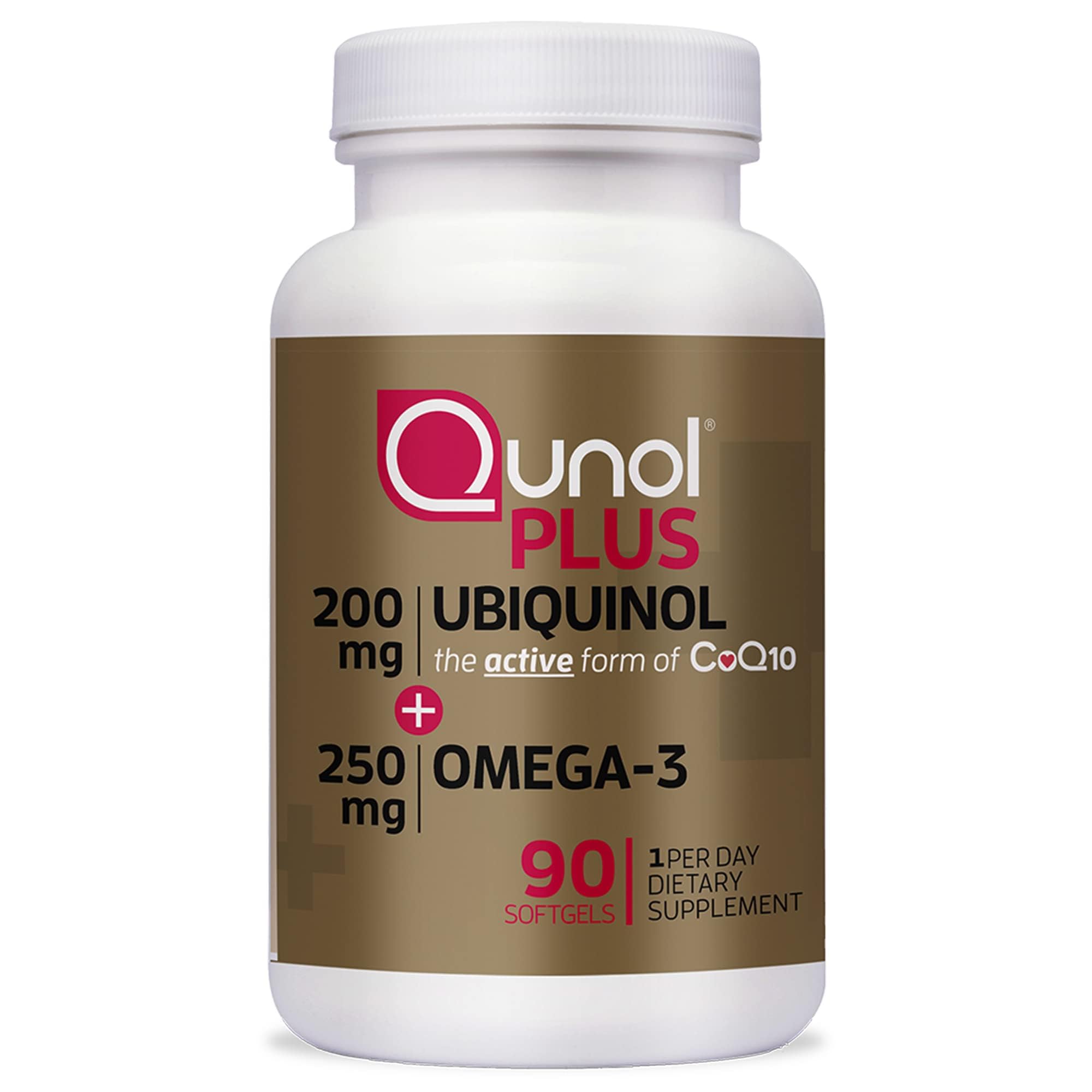 Qunol Plus bottle front with ubiquinol-coq10 and omega-3 for heart-supportive nutrition.