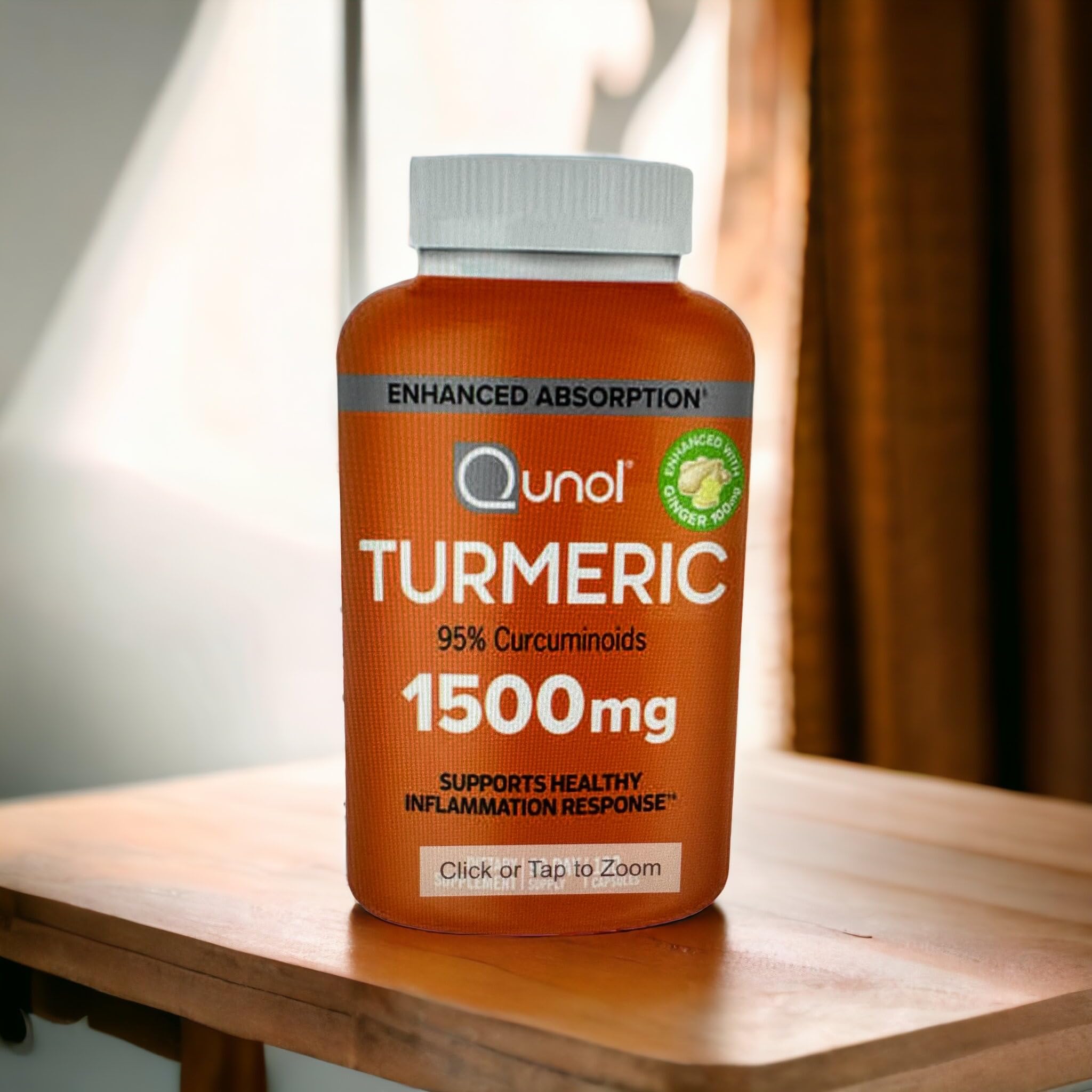 Qunol Turmeric Curcumin bottle with capsules highlighting enhanced absorption for daily joint comfort