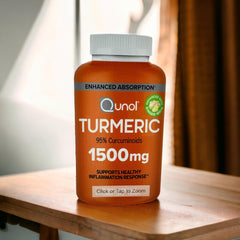 Qunol Turmeric Curcumin bottle with capsules highlighting enhanced absorption for daily joint comfort