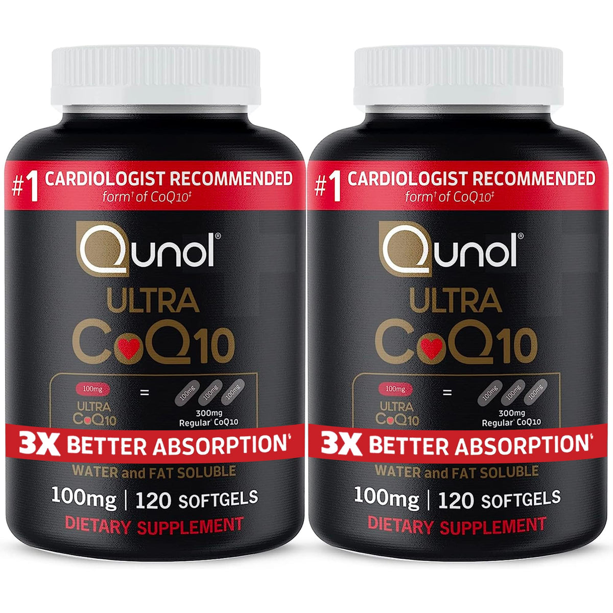 Qunol Ultra CoQ10 bottle view with 100 mg softgels for daily support.