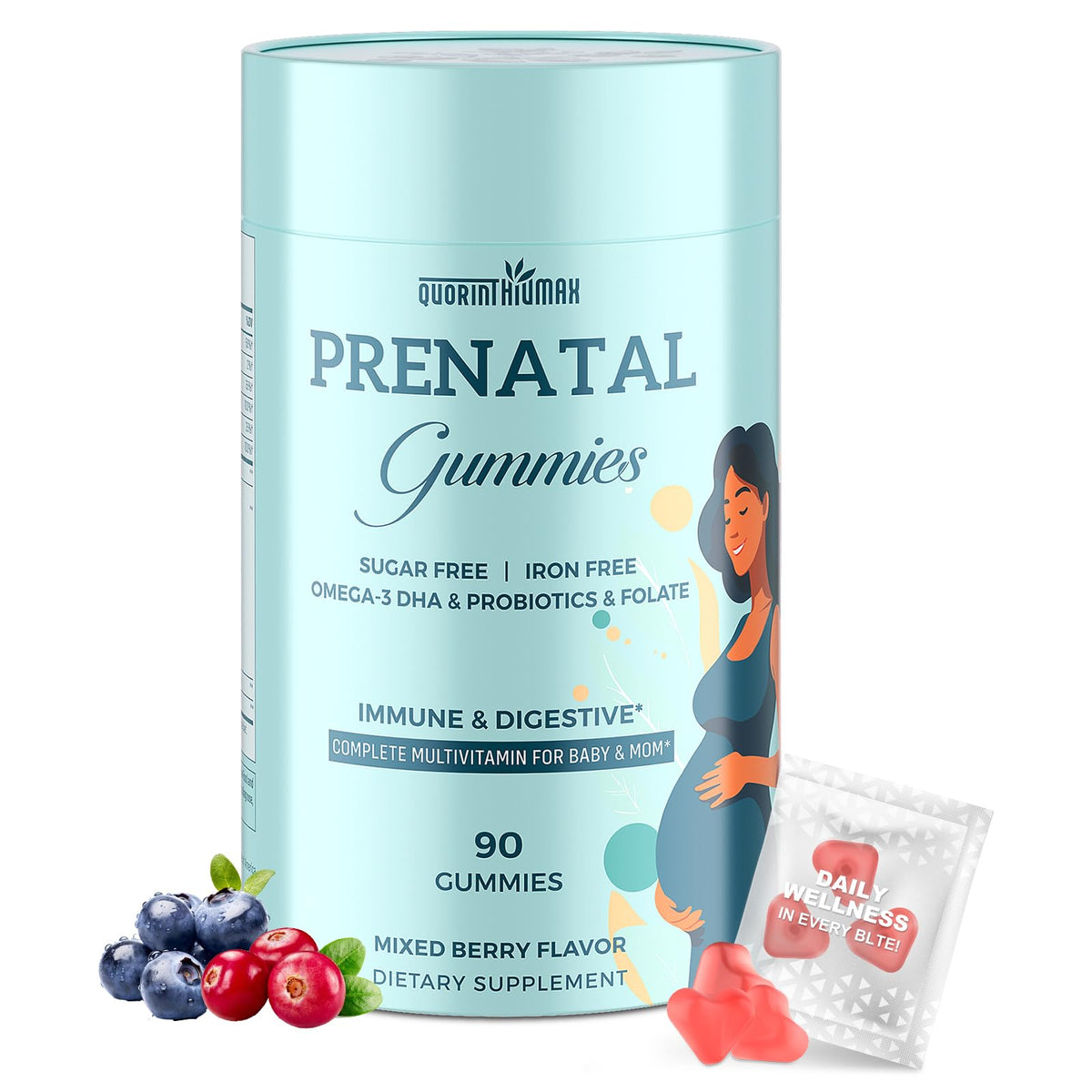Quorinthiumax Prenatal Gummies bottle front, DHA-rich formula for daily prenatal support