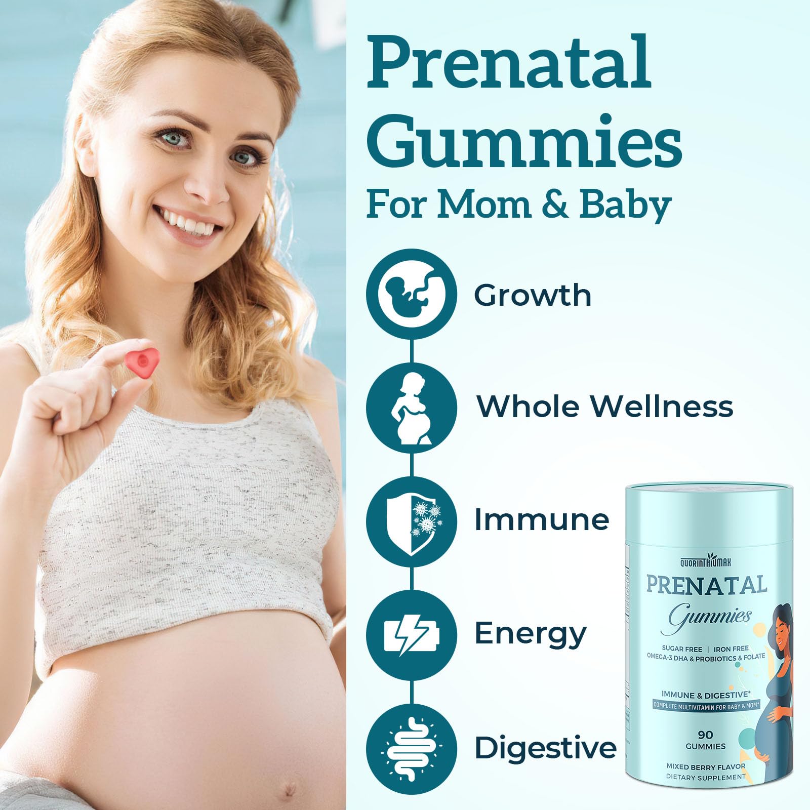 Quorinthiumax Prenatal packaging with three hygienic pouches preserves freshness