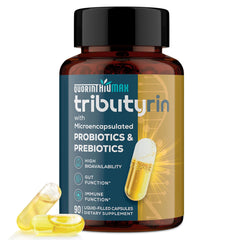 Quorinthiumax tributyrin bottle highlighting a potent gut wellness formula in a resealable package