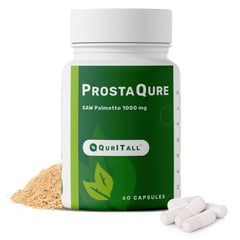 QurItAll ProstaQure bottle on kitchen counter suggests daily wellness support.