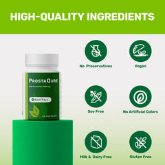QurItAll ProstaQure packaging front emphasizes vegan, soy-free, gluten-free formula for wellness.