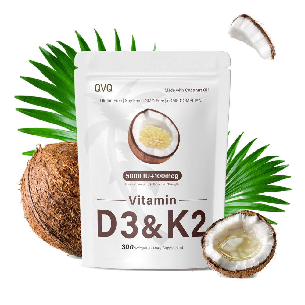 QVQ D3 K2 softgels in coconut oil bottle for easy daily absorption.