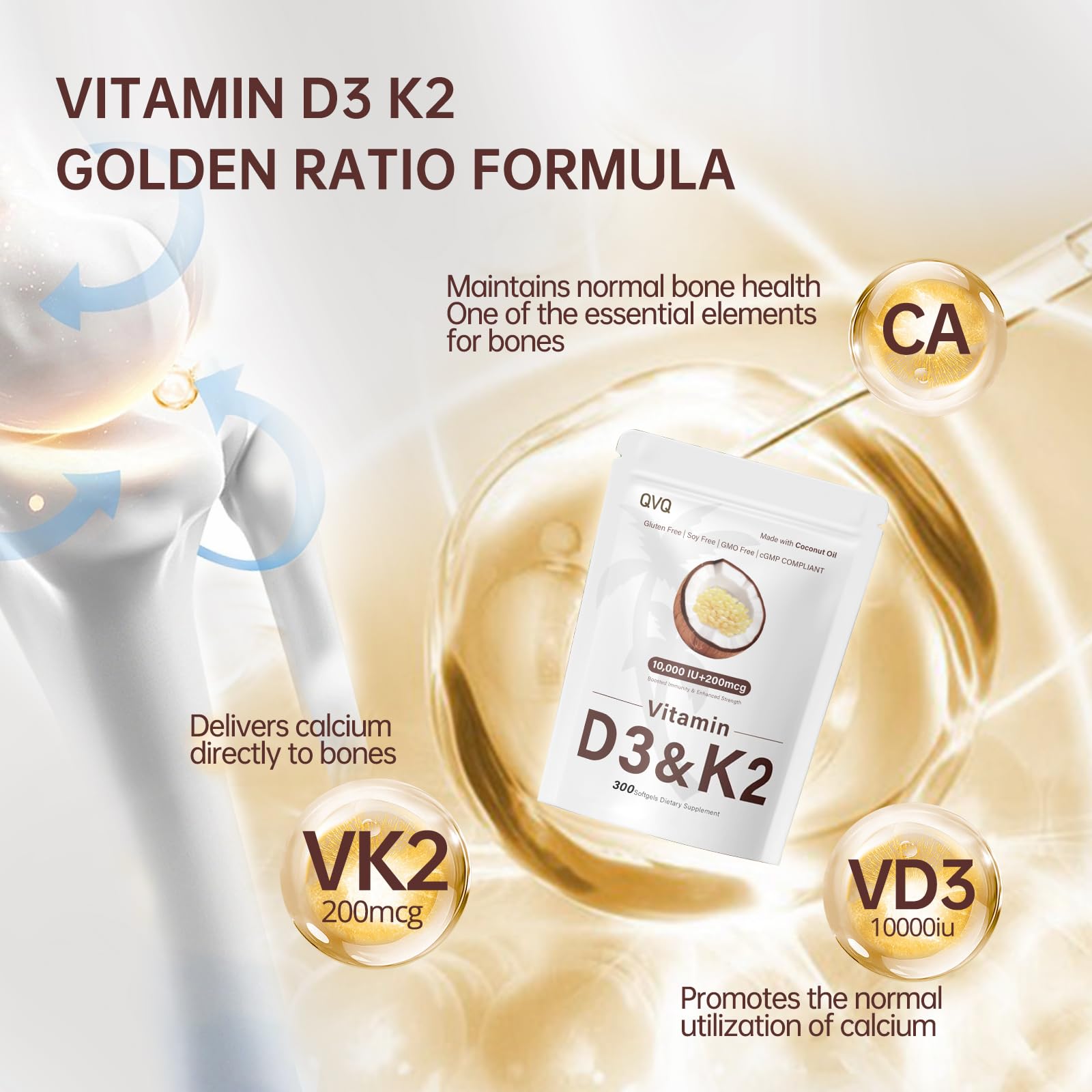 QVQ Virgin coconut oil softgel base supports nutrient delivery.