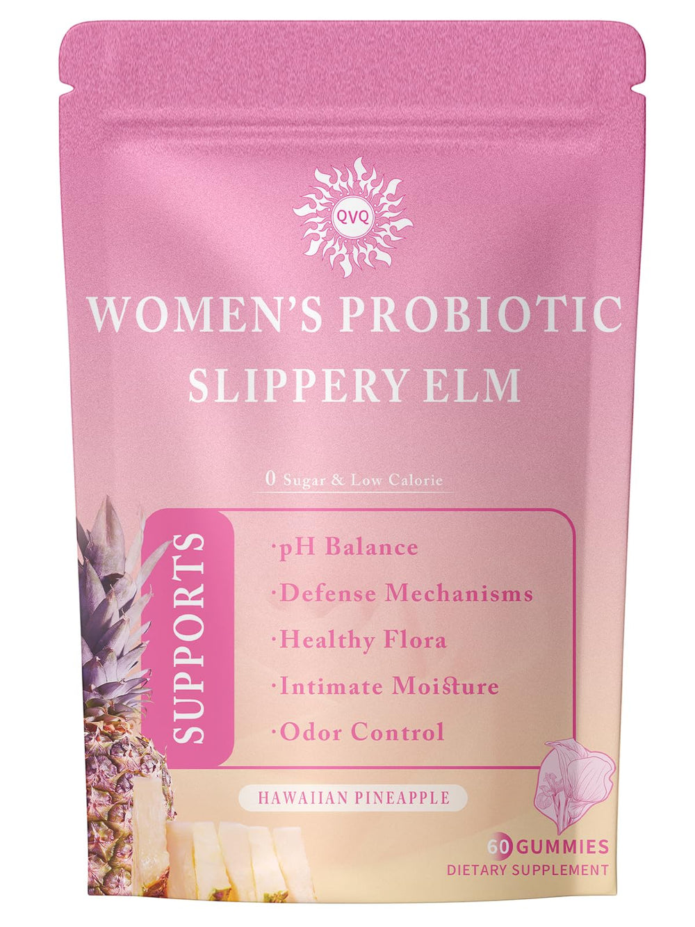 QVQ Women’s Probiotic Slippery Elm Gummies bottle showing balanced feminine health potential