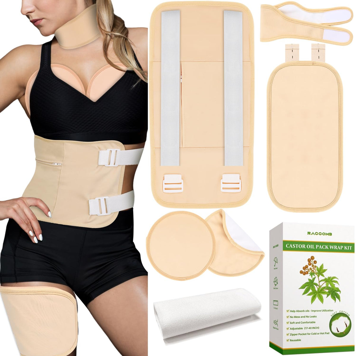 Raccomb Castor Oil Pack Wrap Stomach with adjustable fit for versatile coverage.